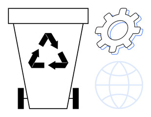 Recycling bin with arrows, gear symbol, and globe outline emphasizing sustainability, waste management, global responsibility, and systematic processes. Ideal for eco-innovation, resource efficiency