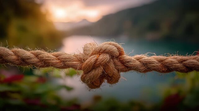 Strong, secure knot on rough rope connecting elements with a serene, sunlit landscape background suggesting strength and unity in nature