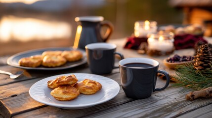 Cozy outdoor breakfast setting with pastries and coffee, sunset view over serene lake, candles glowing