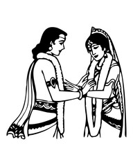 ndian Couple Hindu God and Goddess Marriage Black and White Line Art - White / PNG background