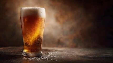 A tall glass of golden beer topped with a frothy head sits on a textured surface illuminated by dramatic light evoking a sense of refreshment