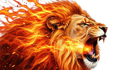 Roaring lion with fiery mane isolated on white background