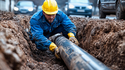 Naklejka premium Man working on pipeline in busy street during the day Generative AI