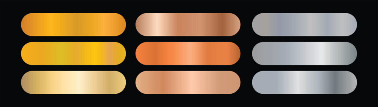 Gold, bronze and silver gradient set. Golden and metallic gradient collection. Luxury design for award, medal, win. Steel frame. Vector illustration