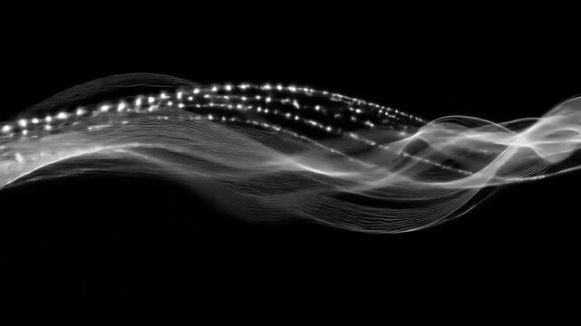 Abstract grayscale image of flowing, luminous lines against a black backdrop