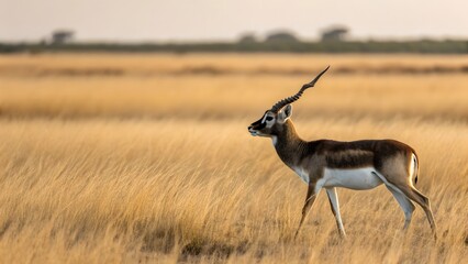 Blackbuck antelope standing in a field of golden grass