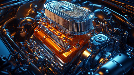 Close up view of a powerful car engine with shiny details Generative AI