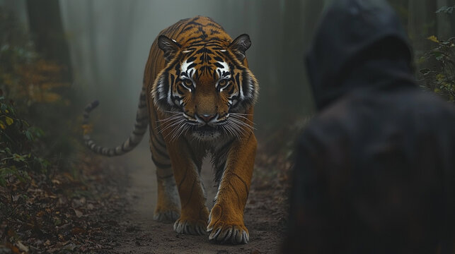 Orange tiger walking on dusty path in fog Generative AI