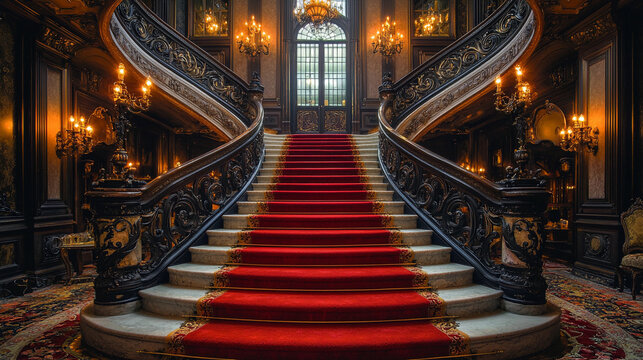 Beautiful ornate staircase with red carpet and elegant design Generative AI