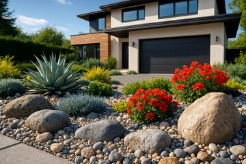 Aménagement d'un jardin avec galets et graviers devant la maison, design extérieur, aménagement paysager