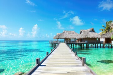 Tropical overwater bungalows with wooden pier and crystal clear turquoise ocean waters, vacation destination, getaway, travel, resort