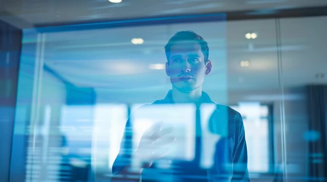 A male student in his 20s standing in a high-tech conference room, giving a PowerPoint presentation using floating holographic slides, modern office setting with clean lines and soft lighting, 