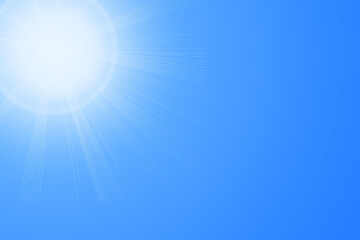 Sun in blue sky. Bright warm sun and lens flare in clear summer sky, sunlight with sunshine glare rays.
