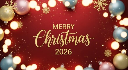 Merry Christmas 2026 with glowing red background, golden sparkles, elegant festive typography, holiday card with luxury lights.