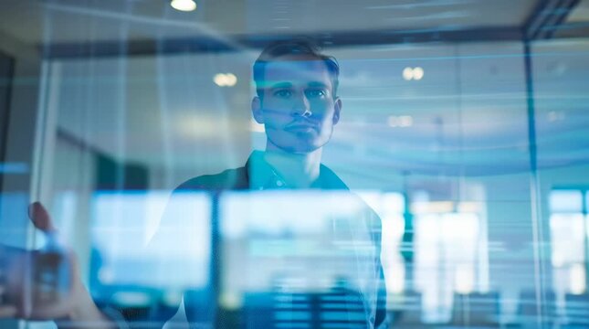 A male student in his 20s standing in a high-tech conference room, giving a PowerPoint presentation using floating holographic slides, modern office setting with clean lines and soft lighting, 