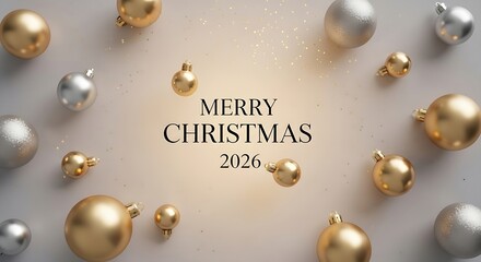 Luxury gold glitter Merry Christmas 2026 background, shiny particles, elegant golden typography, minimalist design, high-end holiday card.