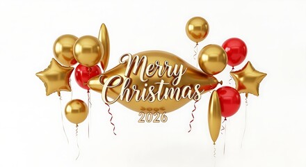 Merry Christmas 2026 with gold calligraphy and red ribbon ornaments, 3D festive decorations, white background, premium holiday banner.