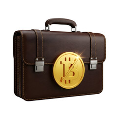 3d icon of brown leather briefcase with a gold bitcoin symbol isolated on transparent background