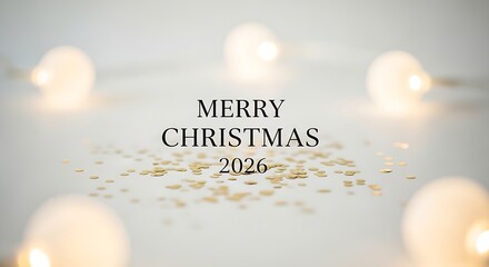 Soft bokeh luxury Merry Christmas 2026 greeting card, golden light background, elegant minimal text, modern holiday atmosphere.