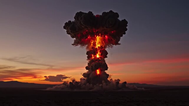Massive nuclear bomb detonation creating a terrifying mushroom cloud and fireball during a beautiful sunset, symbolizing the immense destructive power of atomic weapons and the threat of war