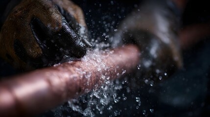 Fototapeta premium Gloved hands work on a wet copper pipe creating a dynamic splash of water in a close up industrial setting