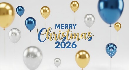 Elegant Merry Christmas 2026 background with blue and gold balloons, golden typography, white backdrop, shiny metallic decorations, minimal luxury composition, 3D render, soft shappy birthday.