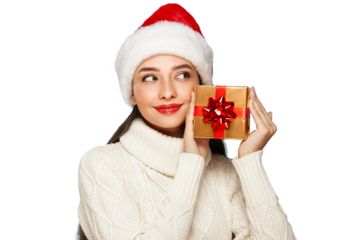 Beautiful woman in a white knitted sweater and santa hat with gift box isolated on transparent background. Christmas or New Year festivities. Holiday and Party
