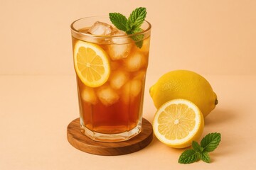 Fototapeta premium Refresh with cold iced tea and fresh lemon slices, a summer drink