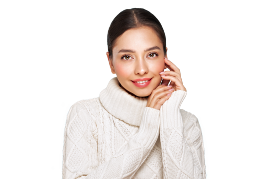 Portrait of young happy beautiful woman smiling and looking away, isolated on transparent background in a warm white sweater. Concept of winter promo sale - Powered by Adobe