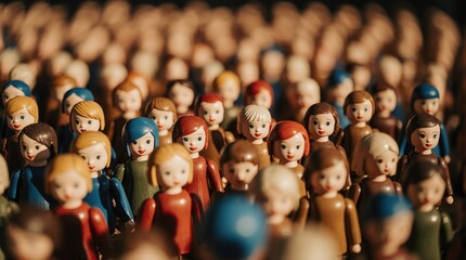 Obraz premium A crowd of vintage dolls with painted faces and colorful outfits