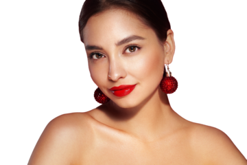 Portrait of beautiful young woman on transparent background, red lipstick and festive makeup, Christmas toy earrings, shiny glowing skin, Winter holidays concept