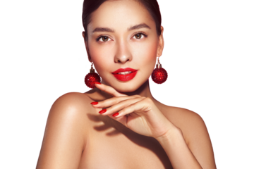 Portrait of beautiful young woman on transparent background, red lipstick and festive makeup, Christmas toy earrings, shiny glowing skin, Winter holidays concept