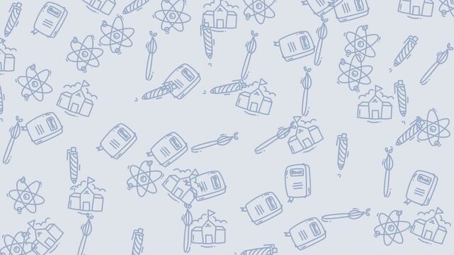 Abstract pattern of various objects on a light blue background.