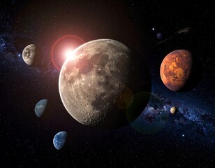 Celestial view of planets, moons, stars and sunburst in a starry space backdrop