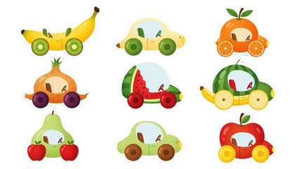 Whimsical Cartoon Fruit Vehicles Illustration — Banana Car, Orange, Onion, Watermelon, Pear, and Apple Cars in Bright Playful Children’s Style on White Background