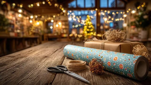 Festive holiday scene with gift wrapping supplies on rustic wooden table, cozy atmosphere with bokeh lights and Christmas tree creating warm ambiance for seasonal celebrations