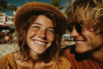 Smiling couple enjoying a sunny day at the beach together