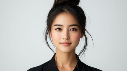 Obraz premium Asian woman with dark hair in a bun wearing black shirt on light gray background. Minimalist portrait style for business profile, corporate documents or resume, concept of professionalism 