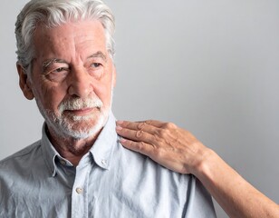 Close-up of an elderly man with hand on his shoulder, looking away