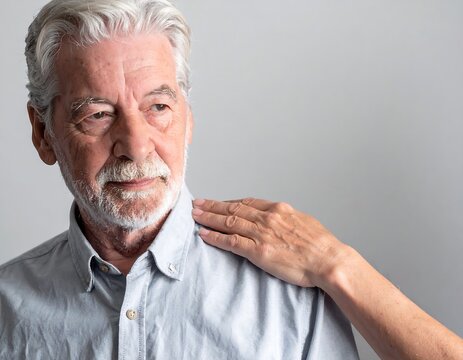 Close-up of an elderly man with hand on his shoulder, looking away