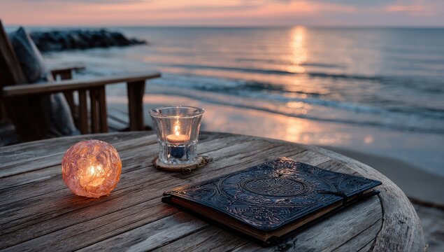 A weathered wooden table on a beach at sunset holds a lit candle in a glass, a glowing orb, and a closed journal; calm ocean waves and a breakwater in the background