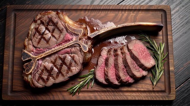 Grilled T Bone Steak with Sliced Meat Rosemary on Wooden Board and Black Background