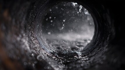 Fototapeta premium Close up view of water splashing and flowing within the dark textured interior of an industrial pipe