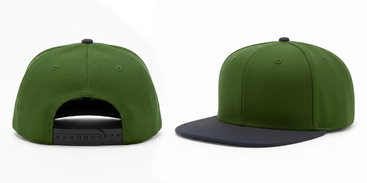 Two views of a green and black baseball cap mockup on white solid background.