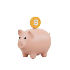3d icon of pink piggy bank with a bitcoin coin on top, isolated on transparent background