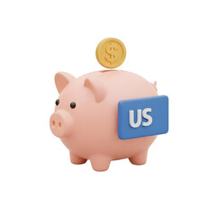 3d icon of pink piggy bank with a coin and a blue sign with us text, isolated on transparent background