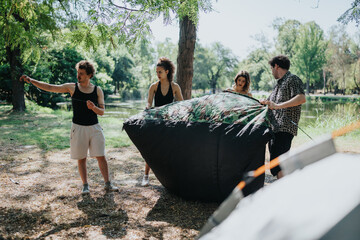A group of friends works together to unfold and secure a large black tarp near a lake in a sunny...