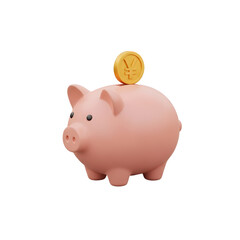 3d icon of pink piggy bank with a golden coin with yen symbol isolated on transparent background