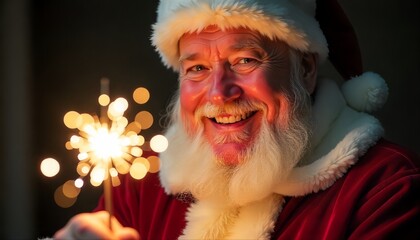 Smiling Santa Claus Celebrating with Sparklers