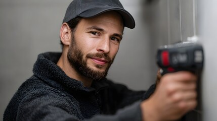 Portrait of a focused man wearing a cap and fleece jacket diligently using a power drill to work on an indoor wall demonstrating professionalism and